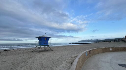 The beach at the end of Seaward looking East at Santa Barbara. A laggard tower on the beach.
