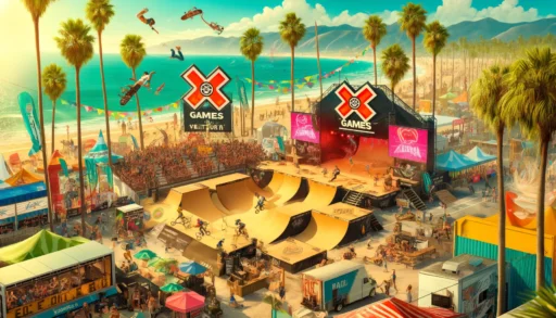 Action-packed scene of X Games Ventura 2024 with skateboarders, BMX riders, and Moto X athletes performing tricks on a sunny California beach, surrounded by cheering spectators, colorful banners, food trucks, art installations, and a live music stage, capturing the vibrant festival atmosphere.