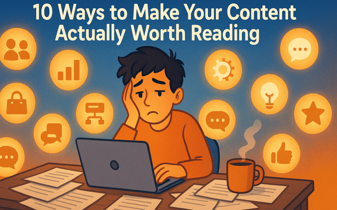 Illustration titled “10 Ways to Make Your Content Actually Worth Reading,” showing a person sitting at a messy desk with papers, a laptop, and a coffee mug, surrounded by ten glowing icons representing different content types like people, data, process, and ideas, in warm blue and orange tones.