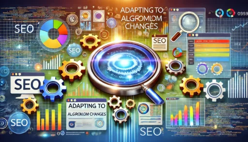 Image representing 'Adapting to Algorithm Changes' in SEO, with a dynamic digital dashboard displaying real-time analytics and algorithm updates. Surrounding the dashboard are icons of gears, graphs, and charts symbolizing changes and adjustments. The background features coding elements, data analysis symbols, and a magnifying glass, emphasizing continual adaptation. The vibrant colors convey a sense of constant evolution and agility.