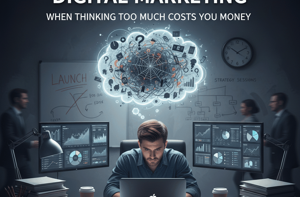 A stressed digital marketer sits at a cluttered desk with multiple screens showing analytics dashboards, while a chaotic thought cloud of data and icons hovers above, illustrating analysis paralysis in digital marketing.