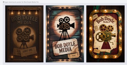 Three steampunk-style movie poster variations for Bob Doyle Media featuring vintage brass typography, mechanical gears, antique film cameras, and weathered textures with warm lighting and copper-toned color schemes