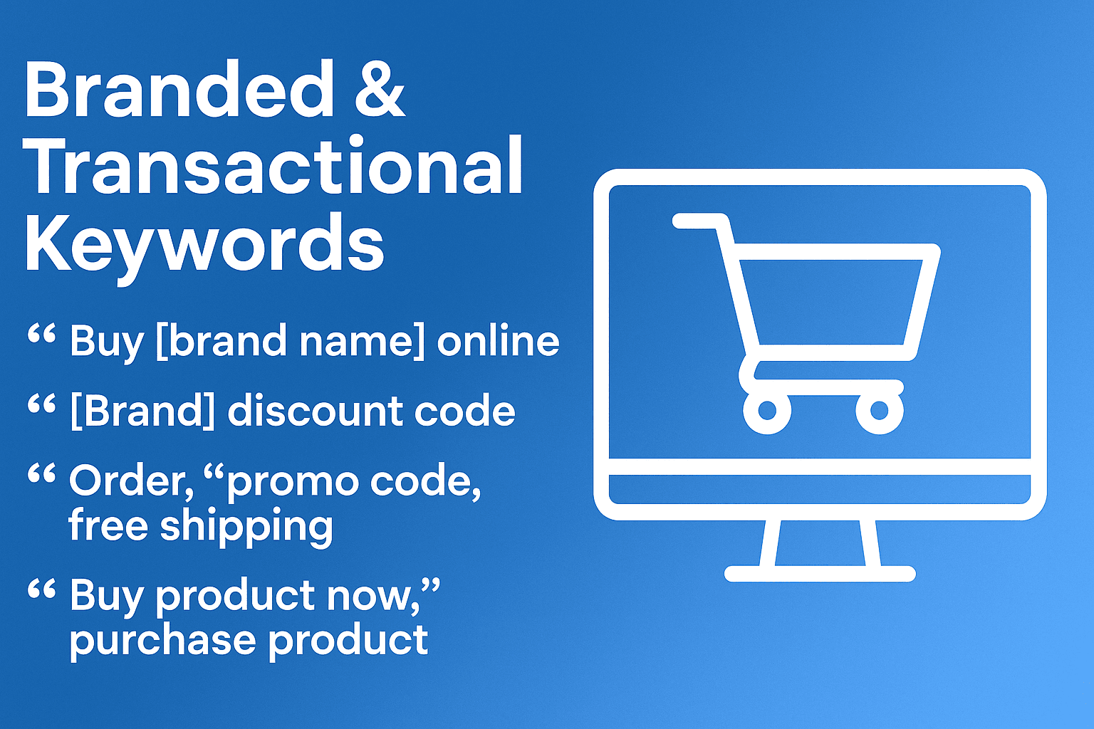 Infographic with the heading ‘Branded & Transactional Keywords’ in large white text on a blue background. The left side lists four keyword examples: ‘Buy [brand name] online,’ ‘[Brand] discount code,’ ‘Order, promo code, free shipping,’ and ‘Buy product now, purchase product.’ The right side features a simple white outline icon of a shopping cart inside a computer monitor.
