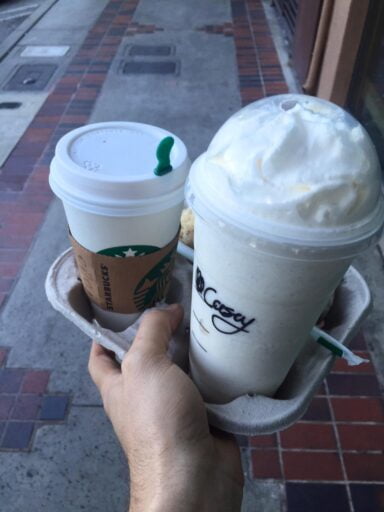 Starbucks Chai Tea Latte for me and a Vanilla Bean Cream for Meki.