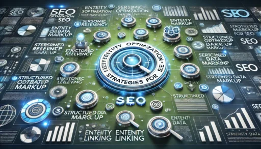 Image illustrating 'Entity Optimization Strategies for SEO' with a digital strategy board displaying tactics like semantic relevance, structured data markup, and entity linking. Surrounding the board are icons representing SEO tools and techniques such as charts, graphs, and a magnifying glass highlighting keywords. The background has a modern design with blue and green tones, emphasizing clarity and strategic planning.