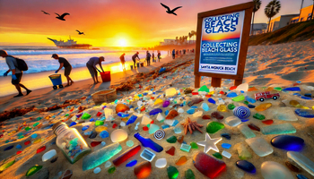 Environmental Impact of Collecting Beach Glass on Santa Monica Beach at sunset: A vibrant beach scene with various weathered glass pieces. Collectors are carefully picking up beach glass, mindful of wildlife and habitat. The background features volunteers in a beach clean-up, with signs promoting sustainable collecting practices and protecting the coastal ecosystem under a warm sunset glow.