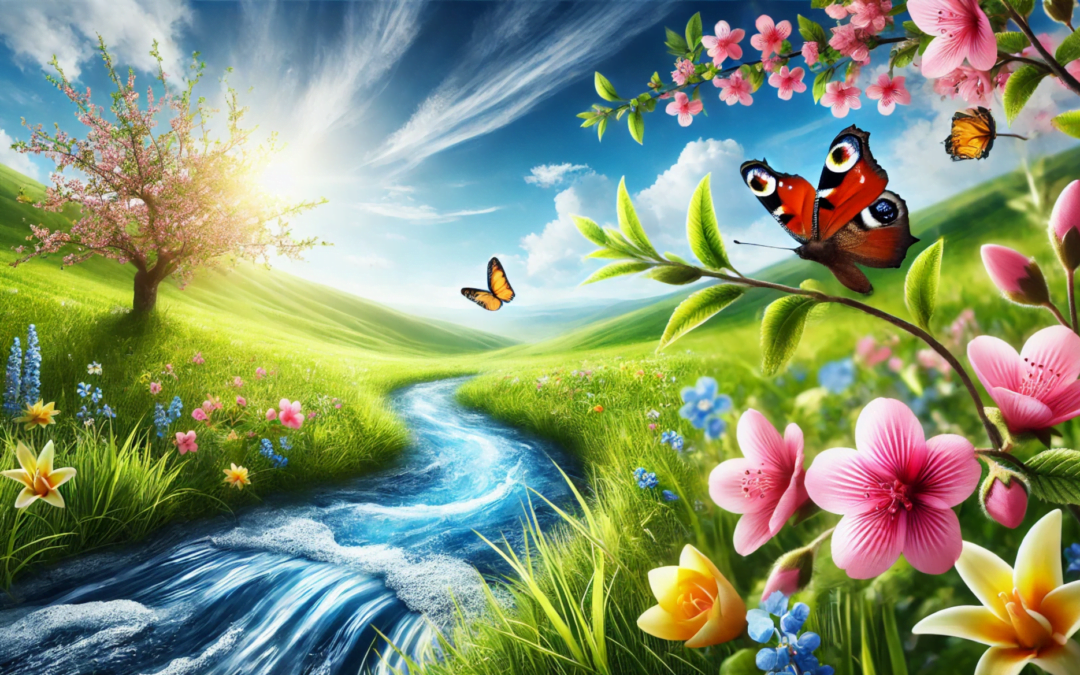 Finding joy in life's details - a serene scene with blooming flowers, a colorful butterfly on a petal, and a gentle stream flowing through a lush green meadow under a bright blue sky.