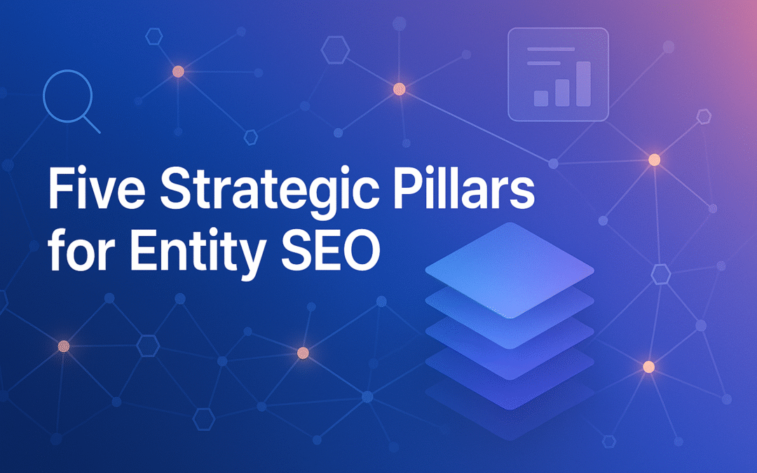 Modern digital marketing banner titled Five Strategic Pillars for Entity SEO, featuring abstract connected nodes, layered geometric shapes, and data network visuals in blue and purple gradient tones.