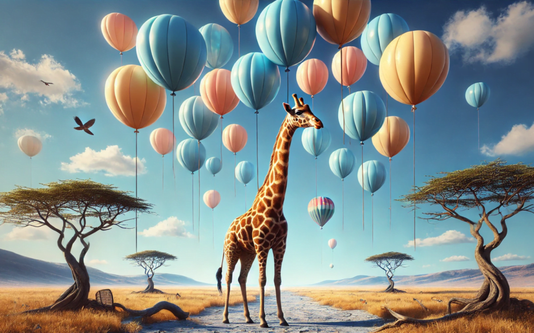 An imaginative scene titled 'Giraffes Don't Fly' where a giraffe gazes curiously at several floating balloons in a clear blue sky, emphasizing the theme of embracing critical thinking. Set against a sparse savannah backdrop, the image vividly illustrates the impossibility of giraffes flying, sparking wonder and exploration of limits in a whimsical setting.