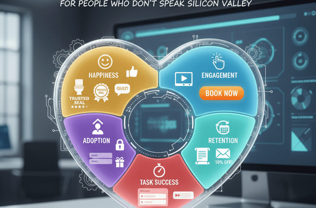 A visually engaging graphic titled "Google's HEART Framework (For People Who Don't Speak Silicon Valley)". The image features a stylized, translucent heart shape divided into five colorful sections, each representing a part of the HEART framework: Happiness (yellow, with trust badges and a happy face icon), Engagement (blue, with a play button and "BOOK NOW" button), Adoption (purple, with a lock icon and email/name input fields), Retention (teal, with a document and "10% OFF!" icon), and Task Success (red, with a form and progress bar). The heart is set against a blurred background of a modern office with a large monitor displaying data and charts, emphasizing the digital and analytical nature of the framework.