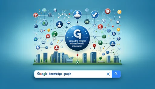 Illustration of the Google Knowledge Graph connecting entities with real-world information, featuring interconnected nodes, icons of people, places, and things, and data connections on a blue and green gradient background.
