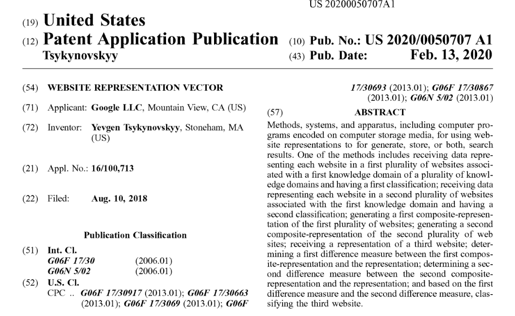 Screenshot of the United States Patent Application US 2020/0050707 A1 titled 'Website Representation Vector,' filed by Google LLC. The patent outlines methods for using website representations to generate and store search results by analyzing data from different websites, creating composite representations, and classifying new websites based on these comparisons. The patent is part of Google's efforts to refine search algorithms and improve the relevance of search results. This is about heading vectors.