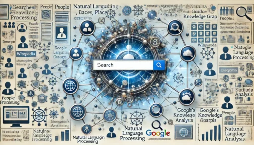 Illustration showing how search engines utilize entities, featuring a search engine interface with a query box and search results. Surrounding the interface are interconnected nodes representing people, places, and concepts linked to sources like Wikipedia and Google's Knowledge Graph. Symbols of natural language processing, machine learning, and semantic analysis tools are also included, set against a clean, modern background with blue and white tones.