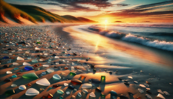 Collecting Beach Glass: A serene coastal scene at sunrise with gentle waves against the shore. The beach is adorned with colorful pieces of beach glass amidst sand and rocks, framed by rolling dunes and vegetation under a sky of soft orange, pink, and blue hues.