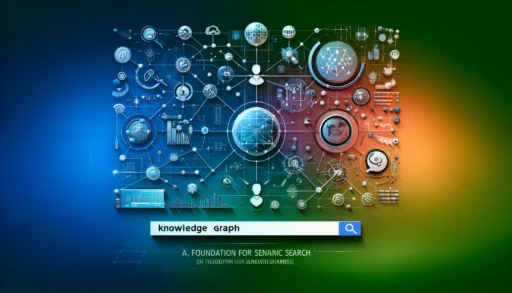 Illustration of knowledge graphs as a foundation for semantic search with interconnected nodes, icons representing real-world entities, and data connections on a green and blue gradient background.
