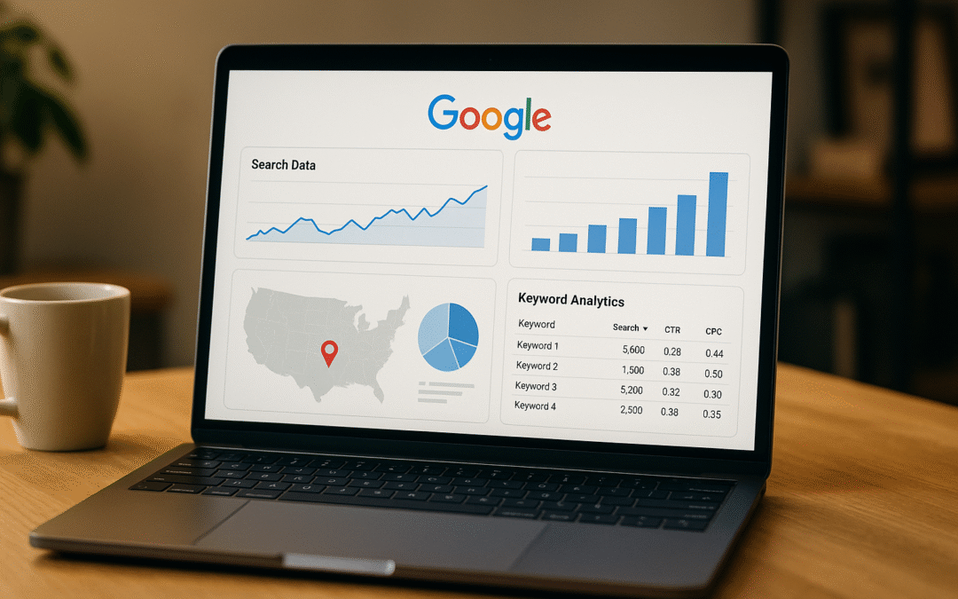 Laptop showing Google search analytics and a city map pin, representing Local Keyword Research for Austin businesses.