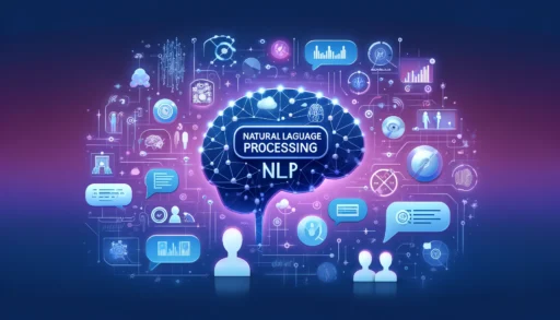 Illustration of Natural Language Processing (NLP) with a brain symbolizing AI, speech bubbles with text, interconnected nodes, data networks, and users interacting with smart assistants on a purple and blue gradient background.