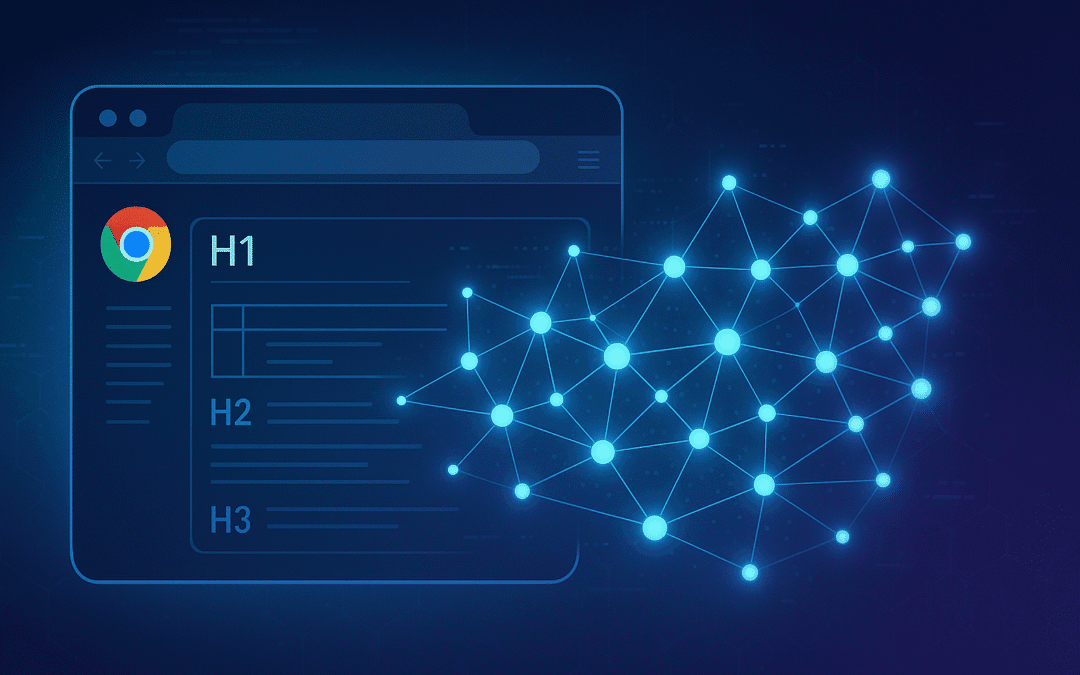 A digital illustration showing a Chrome browser window with a clean HTML wireframe labeled H1, H2, and H3, beside a glowing blue neural network of interconnected nodes on a dark navy-to-purple gradient background, symbolizing AI-driven semantic processing.