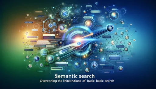 Illustration of how semantic search overcomes the limitations of basic search with an evolving search bar, interconnected system, nodes, graphs, and users finding relevant information on a blue and green gradient background.