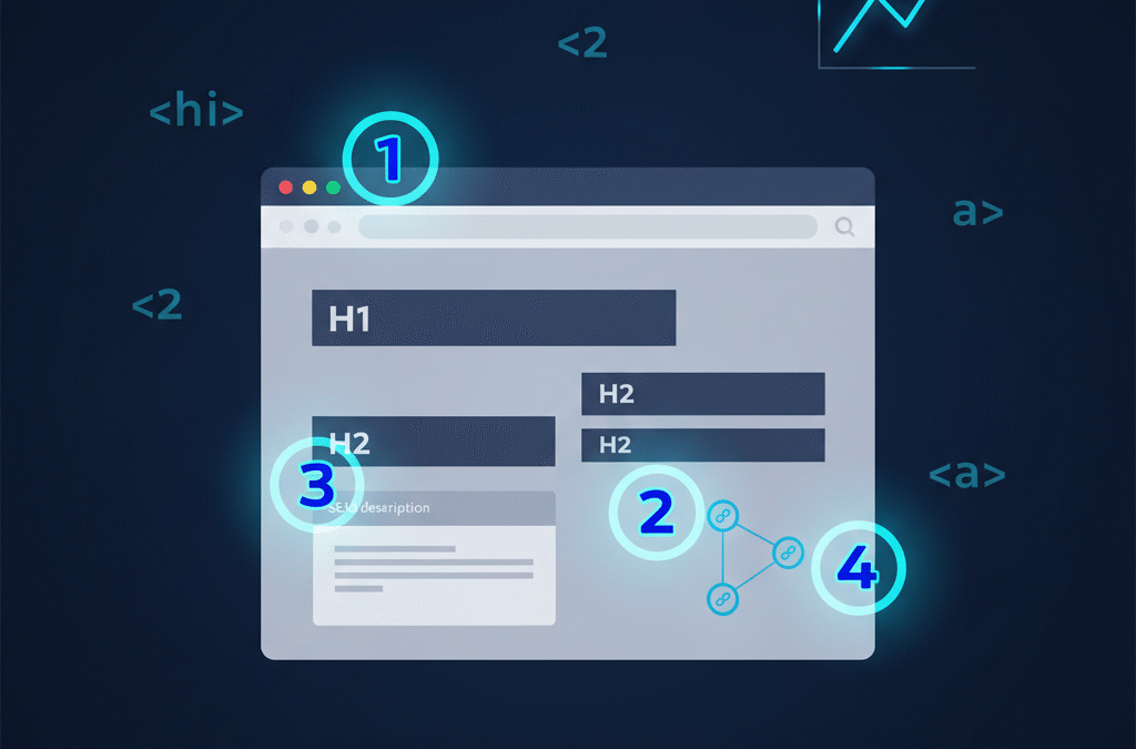 A stylized webpage mockup on a dark blue background, highlighting four critical keyword placement locations with glowing numbered markers (1, 2, 3, 4). Marker 1 is on the "H1 Title" at the top, marker 2 is on "H2 Subtitle" sections in the middle, marker 3 points to an "SEO meta description" panel, and marker 4 highlights interconnected link icons. Subtle HTML code snippets and an upward-trending bar graph float in the background. In the lower background, a faint silhouette of palm trees and text "Ventura County" are visible. The overall style is clean, modern, and tech-forward.