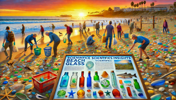 Scientific Insights into Collecting Beach Glass on Santa Monica Beach at sunset: A vibrant scene with diverse beach glass pieces. Collectors, including families and researchers, carefully pick up glass while respecting wildlife and habitat. Informational signs promote sustainable collecting practices and the cultural significance of beach glass. Volunteers engage in beach clean-ups and community activities under a warm sunset glow.