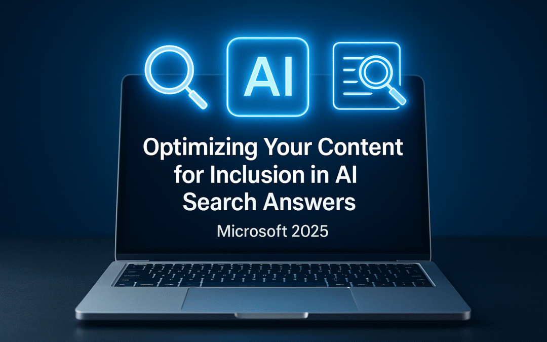 Search Visibility concept image showing a laptop with glowing AI and search icons, representing AI-powered content optimization, Microsoft 2025.