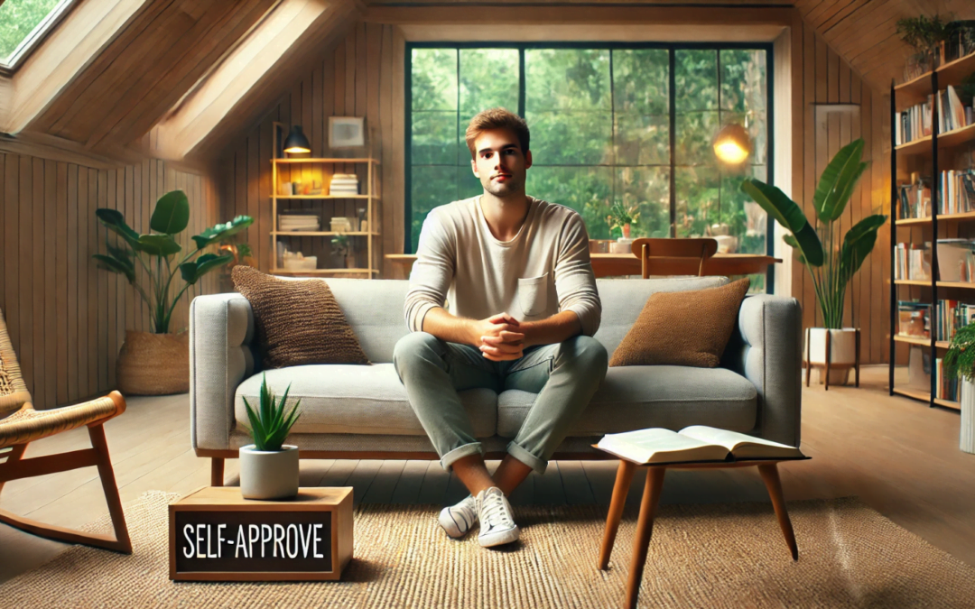 A young adult seated comfortably in a serene, well-lit room, reflecting on their own thoughts and achievements with a journal and books nearby, illustrating the concept of self-approval. This scene emphasizes the importance of valuing one's own opinions for personal growth and inner peace. Keywords: Self-Approval: Understanding and Valuing Your Own Opinions.