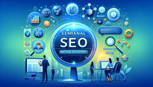 Illustration of Semantic SEO: Practical Applications with a search engine interface, keywords being analyzed, and icons for structured data, knowledge graphs, and SEO metrics on a blue and green gradient background.