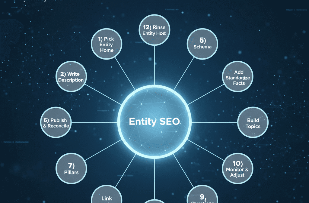 Infographic diagram showing 12 steps to implement Entity SEO by Casey Keith. A central circle labeled 'Entity SEO' is surrounded by 12 numbered circular nodes in a radial pattern, each containing a step: 1) Pick Entity Home, 2) Write Description, 3) E1 Schema, 4) Add Standarize Facts, 5) Build Topics, 6) Publish & Reconcile, 7) Pillars, 8) Link Topics, 9) Questions, 10) Monitor & Adjust, 11) Monitor Pillars, and 12) Rinse Entity Hoti. The nodes are connected to the center with lines against a dark blue starry background.