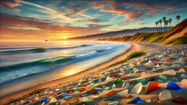 Collecting Beach Glass on Santa Monica Beach at sunrise: A tranquil scene with gentle waves caressing the shore, colorful pieces of beach glass scattered among the fine sand, and rolling dunes in the background. The sky is adorned with soft orange and pink hues, highlighting the dynamic interaction between ocean, land, and the natural process of glass formation.