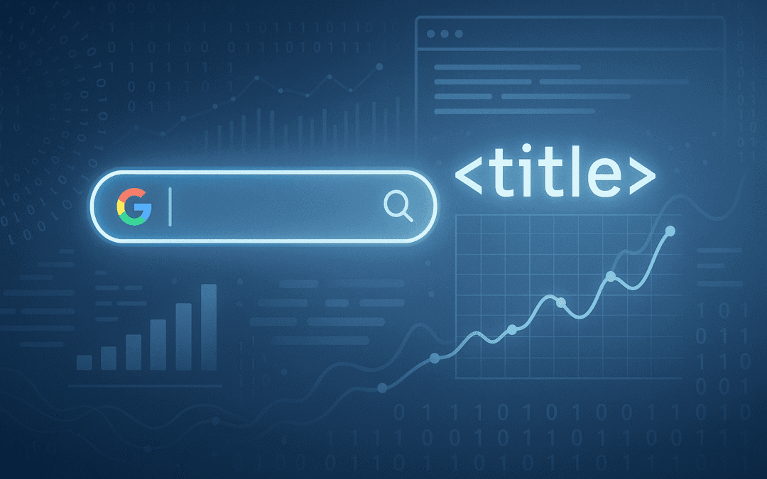 Modern digital illustration representing Title Tag SEO Best Practices Post Google Leak, featuring a glowing search bar, data charts, HTML title tag, and abstract code on a blue tech-themed background.