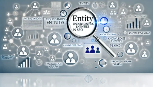 Visual representation of 'Understanding Entities in SEO' featuring interconnected digital icons and symbols representing people, places, and concepts. A magnifying glass highlights the word 'Entity,' with surrounding elements including charts, graphs, and a knowledge graph with nodes and connections, set against a clean, modern background with blue and white tones.