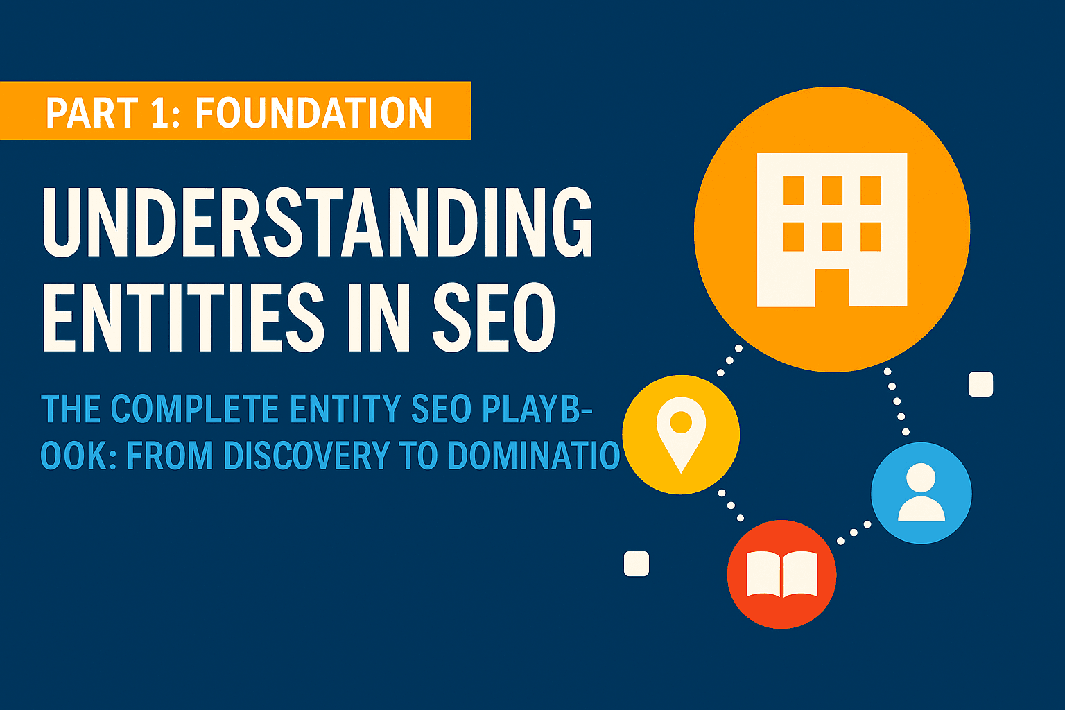 Banner graphic with dark blue background and orange header bar reading “Part 1: Foundation.” Large white text says “Understanding Entities in SEO” with a subheading “The Complete Entity SEO Playbook: From Discovery to Domination.” On the right, an orange circle with a white building icon connects by dotted lines to smaller circles containing a map pin, a person, and a book, representing interconnected entities.