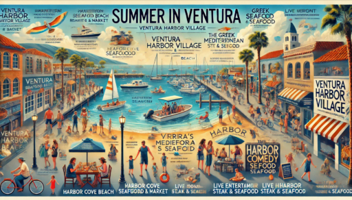 An infographic depicting Ventura Harbor Village during summer in Ventura. The image shows a lively waterfront with families renting boats and exploring the harbor. Harbor Cove Beach, known as "Mother's Beach," features calm waters with families enjoying the beach. Artisan shops line the village, offering unique crafts and souvenirs. Waterfront dining spots, including Andria’s Seafood Restaurant & Market and The Greek Mediterranean Steak & Seafood, are highlighted with people dining and enjoying fresh seafood. Live entertainment from local bands and street performers creates a vibrant atmosphere. The Ventura Harbor Comedy Club is also featured, highlighting it as a local favorite for laughs and good times. The scene captures the essence of summer in Ventura with bright, inviting visuals and informative text boxes detailing each aspect of the harbor village.