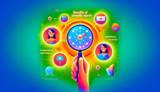 Illustration of the benefits of semantic search with a magnifying glass highlighting interconnected nodes, a happy user with a search bar, and icons for relevance, accuracy, and user experience on a green and blue gradient background.