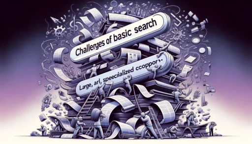 Illustration of the challenges of basic search with large, specialized corpora featuring a search bar struggling with stacks of papers and complex data networks, and overwhelmed users on a grey and purple gradient background.
