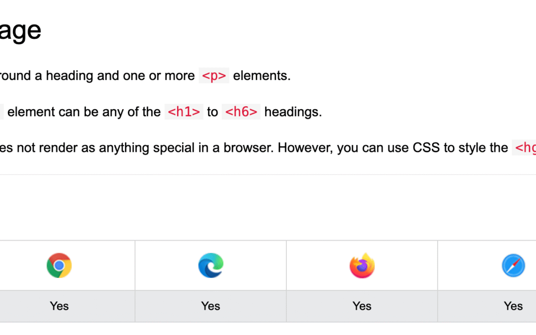 HTML hgroup element documentation showing definition, usage, and browser support across Chrome, Edge, Firefox, Safari, and Opera