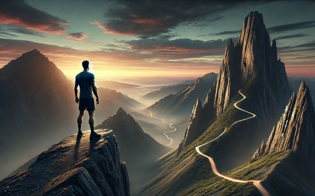 Person standing on a cliff at dawn, overlooking mountains and valleys, symbolizing the journey of leveling up.