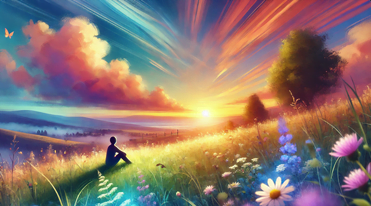 Person sitting on a grassy hill during a colorful sunset, surrounded by wildflowers, gazing at the distant horizon, capturing a tranquil moment of reflection and appreciation for life's small joys.