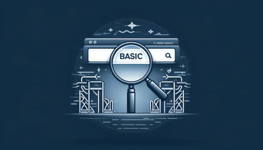 Illustration of the limitations of basic search with a basic search bar, limited search results, and barriers on a grey and blue gradient background.