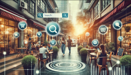 The image depicts a lively local street with small businesses and cafes. Physical storefronts are combined with digital elements like search engine icons and graphs overlayed. People are walking and using their phones, illustrating the integration of online search and physical presence. This scene emphasizes the importance of local SEO for drawing customers both online and offline.