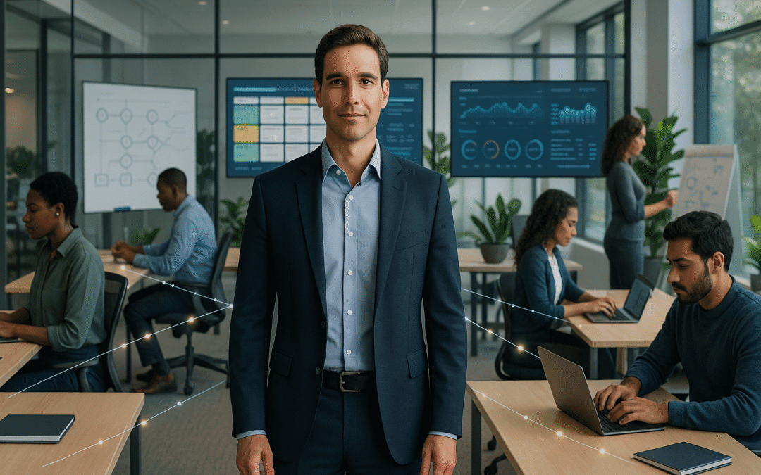 A confident business professional stands calmly at the center of a modern open office while diverse team members work independently at desks and whiteboards. Light trails connect the workers, symbolizing collaboration, as glass walls, plants, and data dashboards create a bright, organized workspace.
