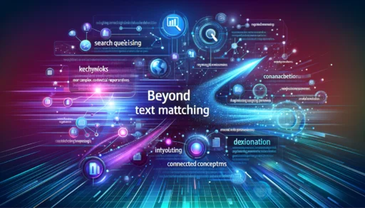 Illustration of moving beyond simple text matching in search with evolving search queries, connected concepts, nodes, and data relationships on a purple and blue gradient background.