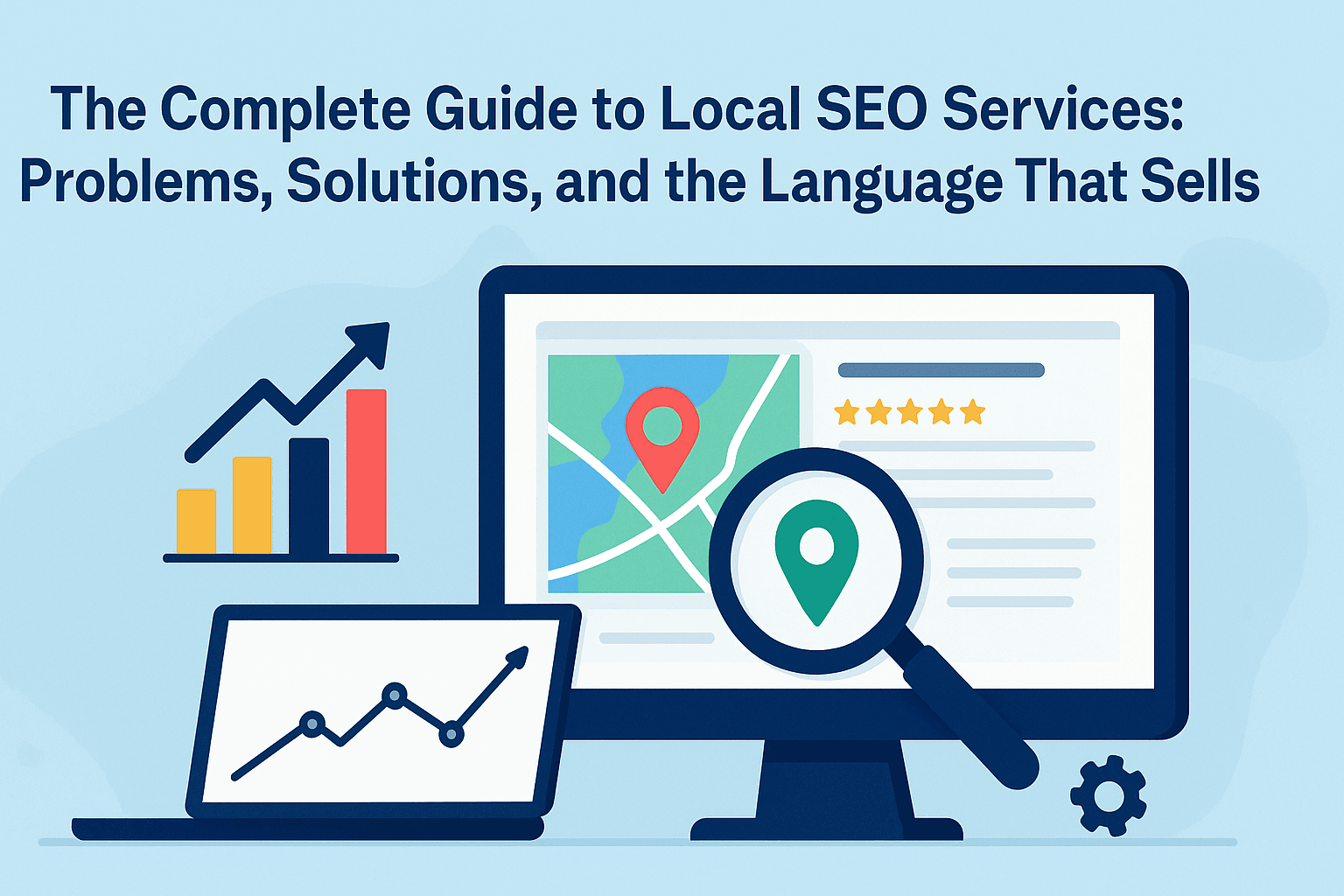 llustration of a computer monitor displaying a local map with location pins, a magnifying glass over the map, a laptop with an upward trend graph, and a bar chart, representing local SEO services and business visibility online.
