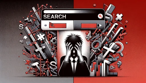 Illustration of traditional search failures with a search bar showing irrelevant results, crossed-out keywords, and a depiction of confusion on a red and grey gradient background.