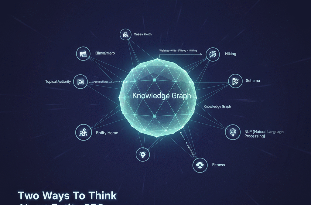 A futuristic, dark blue background with a glowing, light blue polygonal sphere at its center, labeled "Knowledge Graph." Around this central sphere are several smaller, interconnected nodes, each with an icon and a label. These labels include "Casey Keith," "Kilimanjaro," "Topical Authority," "Hiking," "Schema," "Knowledge Panel," "NLP (Natural Language Processing)," "Fitness," and "Entity Home." Lines connect these nodes to the central "Knowledge Graph" and to each other, illustrating interconnected concepts. In the bottom left corner, in white text, are the words "Two Ways To Think About Entity SEO" and "By Casey Keith."