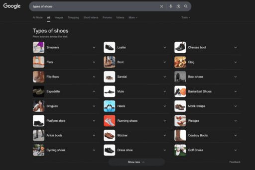 "types of shoes" SERP used for related entites example